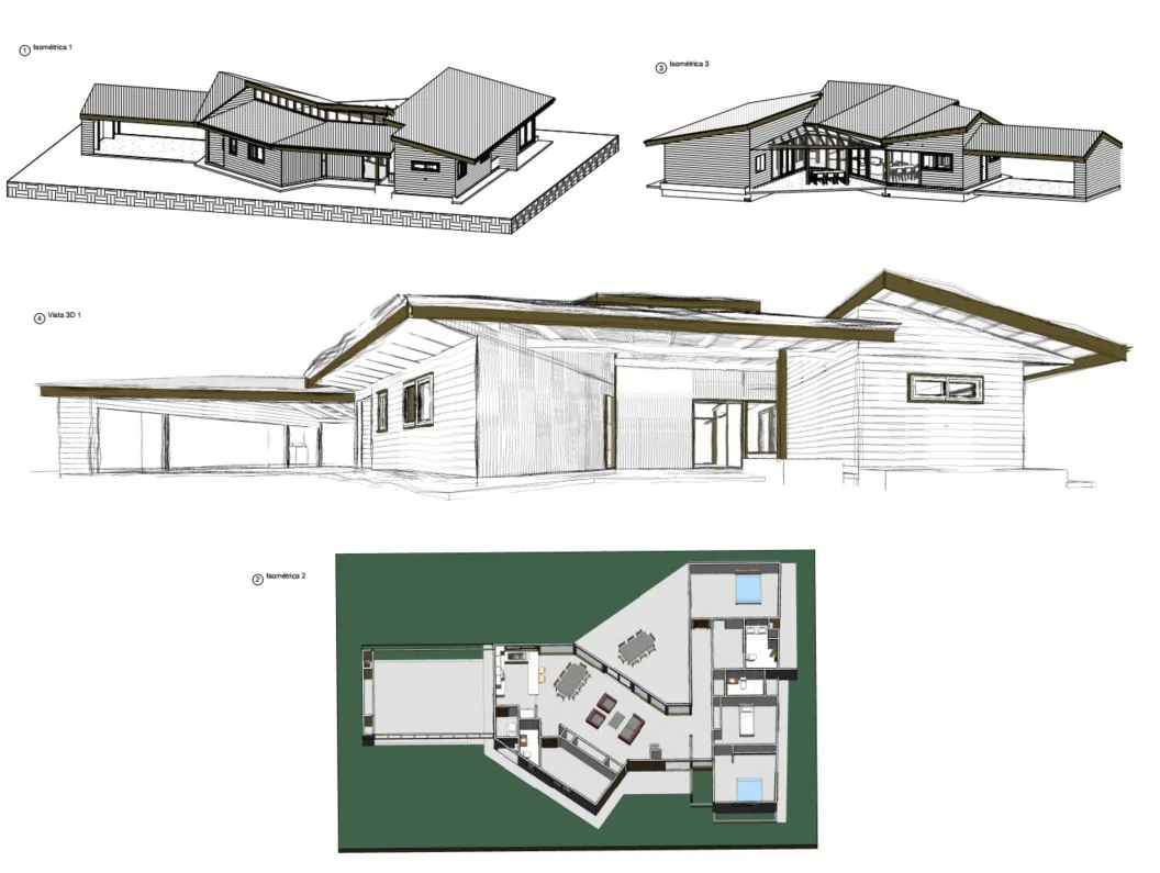 Casa Pitra II: axonometría del proyecto, dibujo de CCP Arquitectura en Villarrica