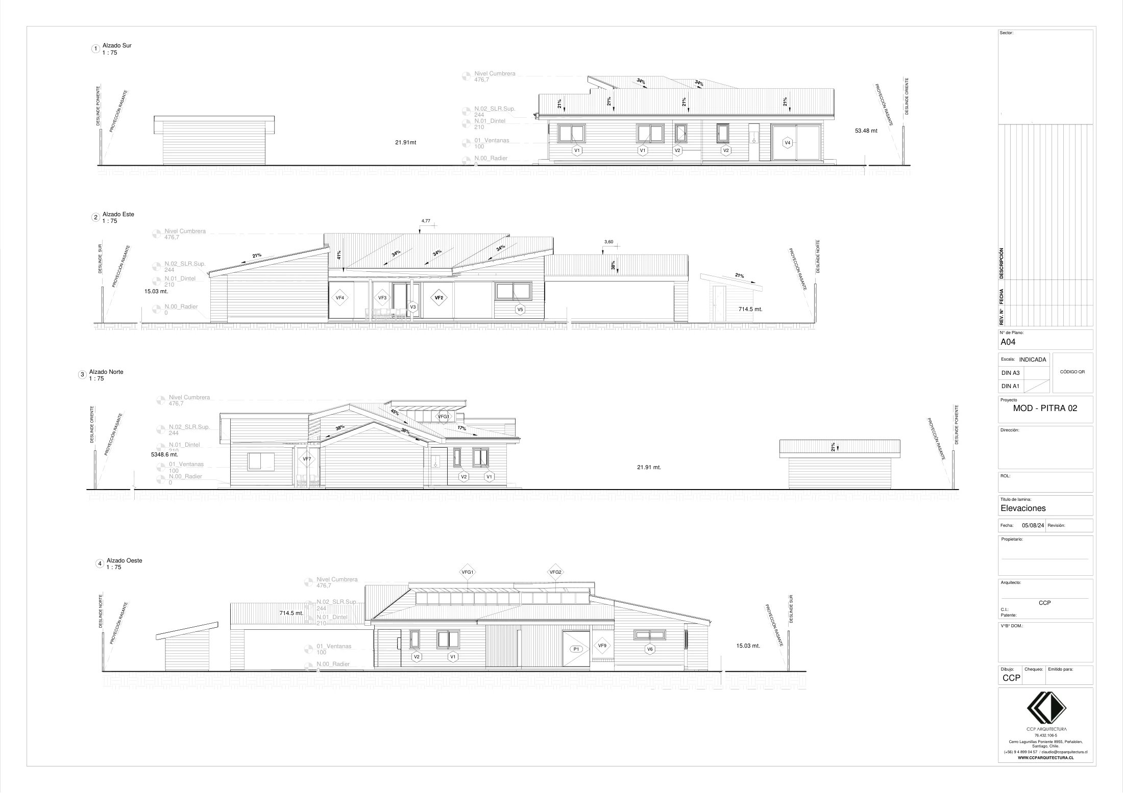Casa Pitra II: elevaciones, dibujo de proyecto sin cotas de CCP Arquitectura