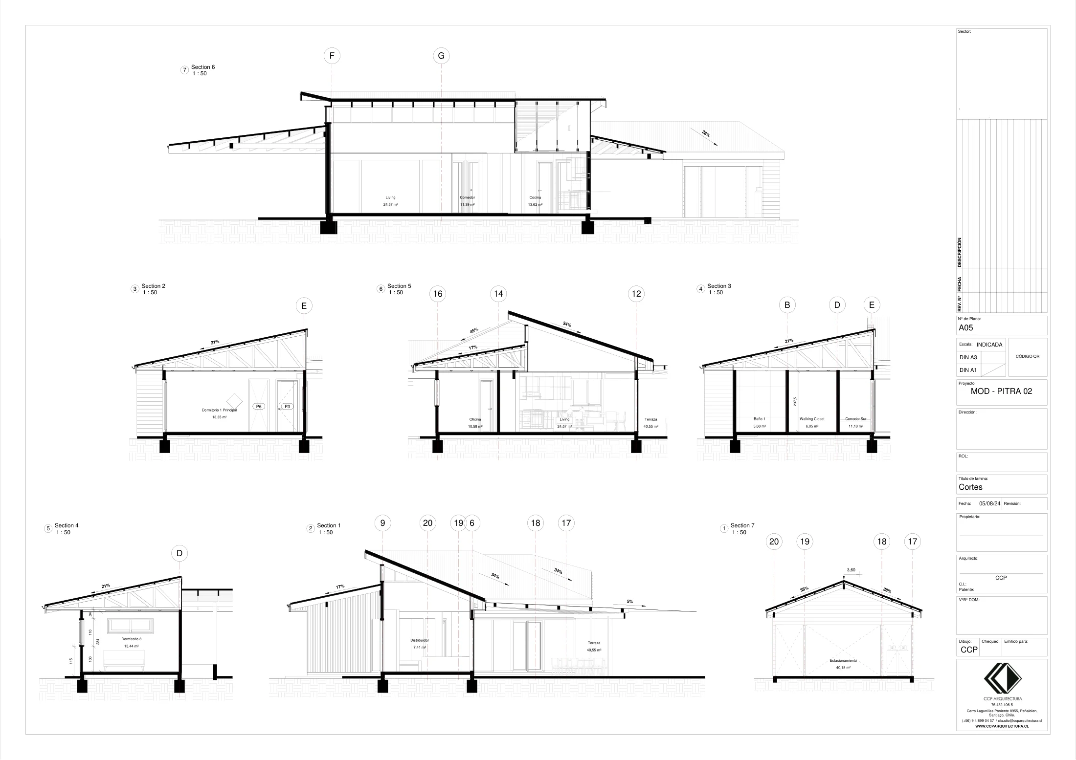 Casa Pitra II: cortes, dibujo de proyecto sin cotas de CCP Arquitectura