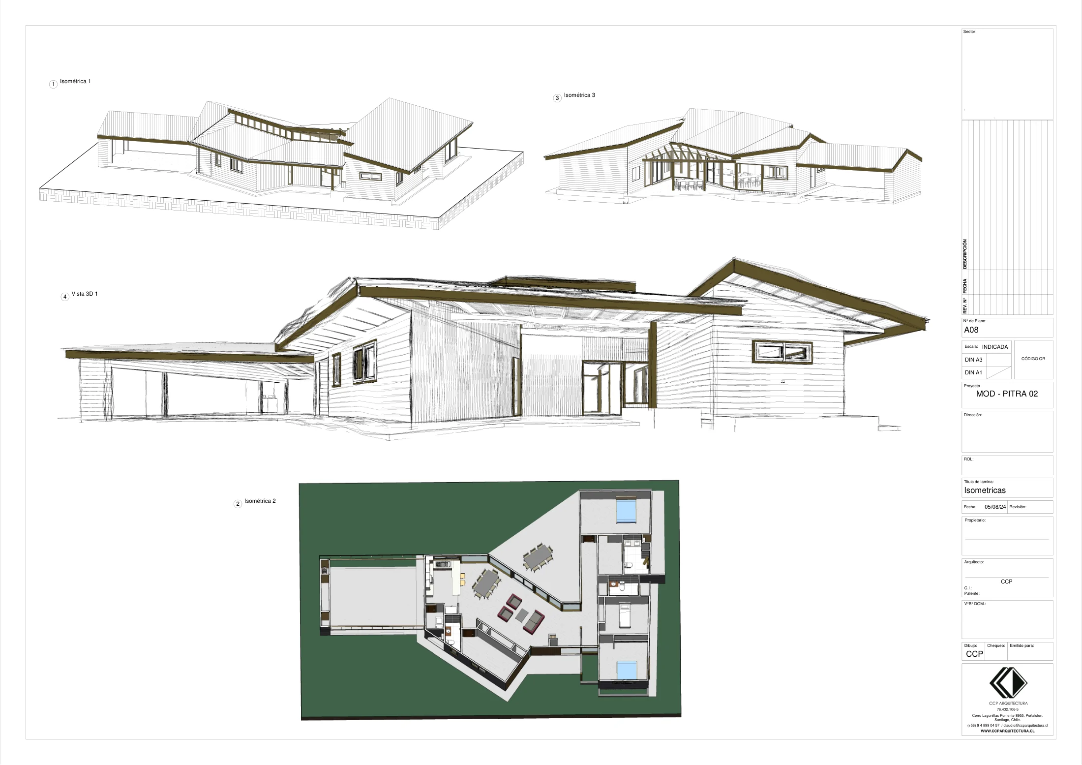 Casa Pitra II: isométricas, dibujo de proyecto sin cotas de CCP Arquitectura