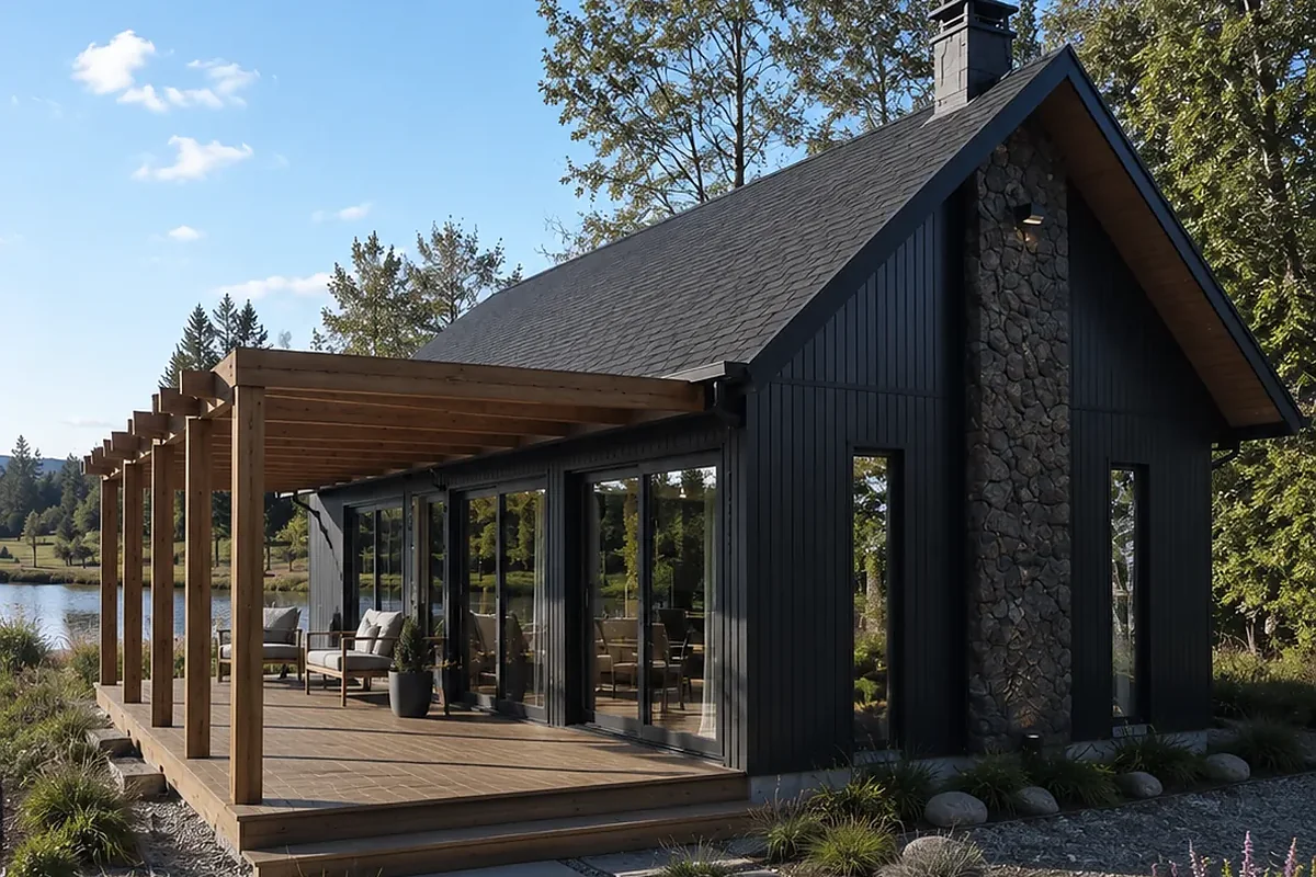 Quincho CV4 en Villarrica: terraza cubierta por pérgola de madera, zócalo de piedra y ventanales corredera frente al lago, obra de CCP Arquitectura