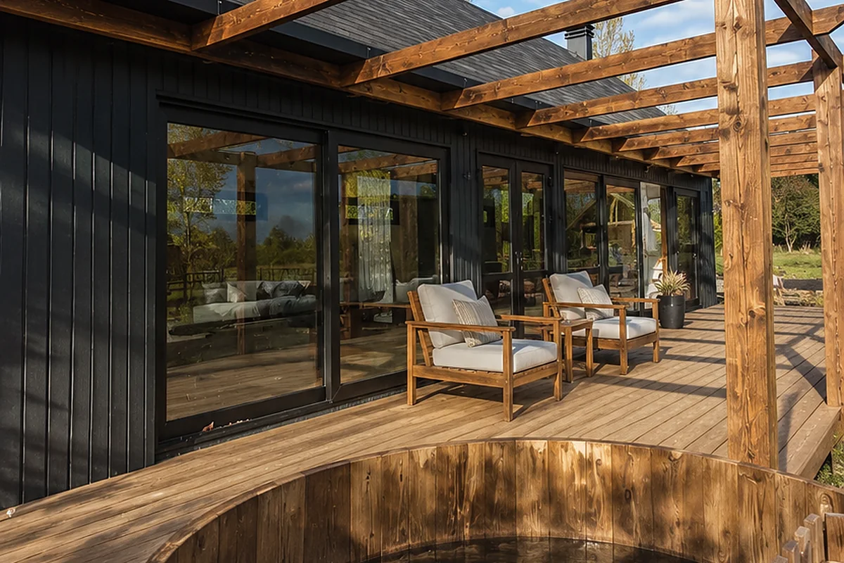 Quincho CV4 en Villarrica: terraza de madera bajo pérgola, con ventanal corredera y tinaja caliente, obra de CCP Arquitectura