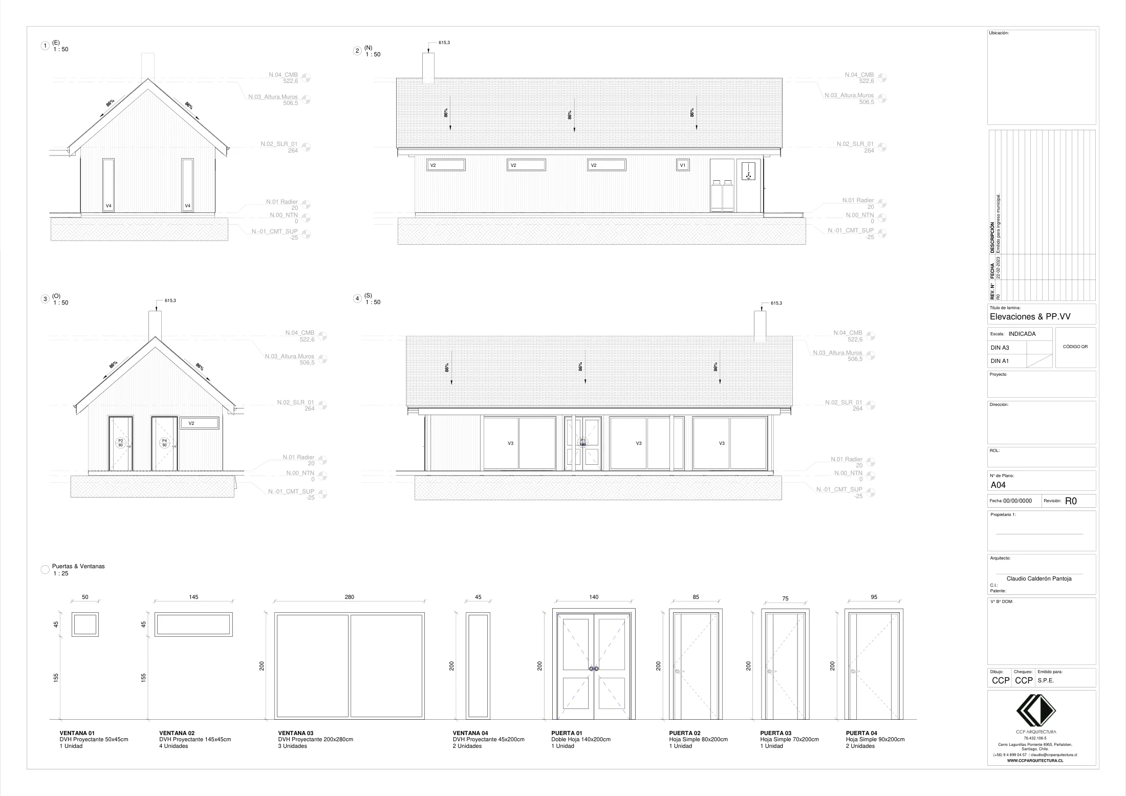 Quincho CV4: elevaciones, dibujo de proyecto sin cotas de CCP Arquitectura