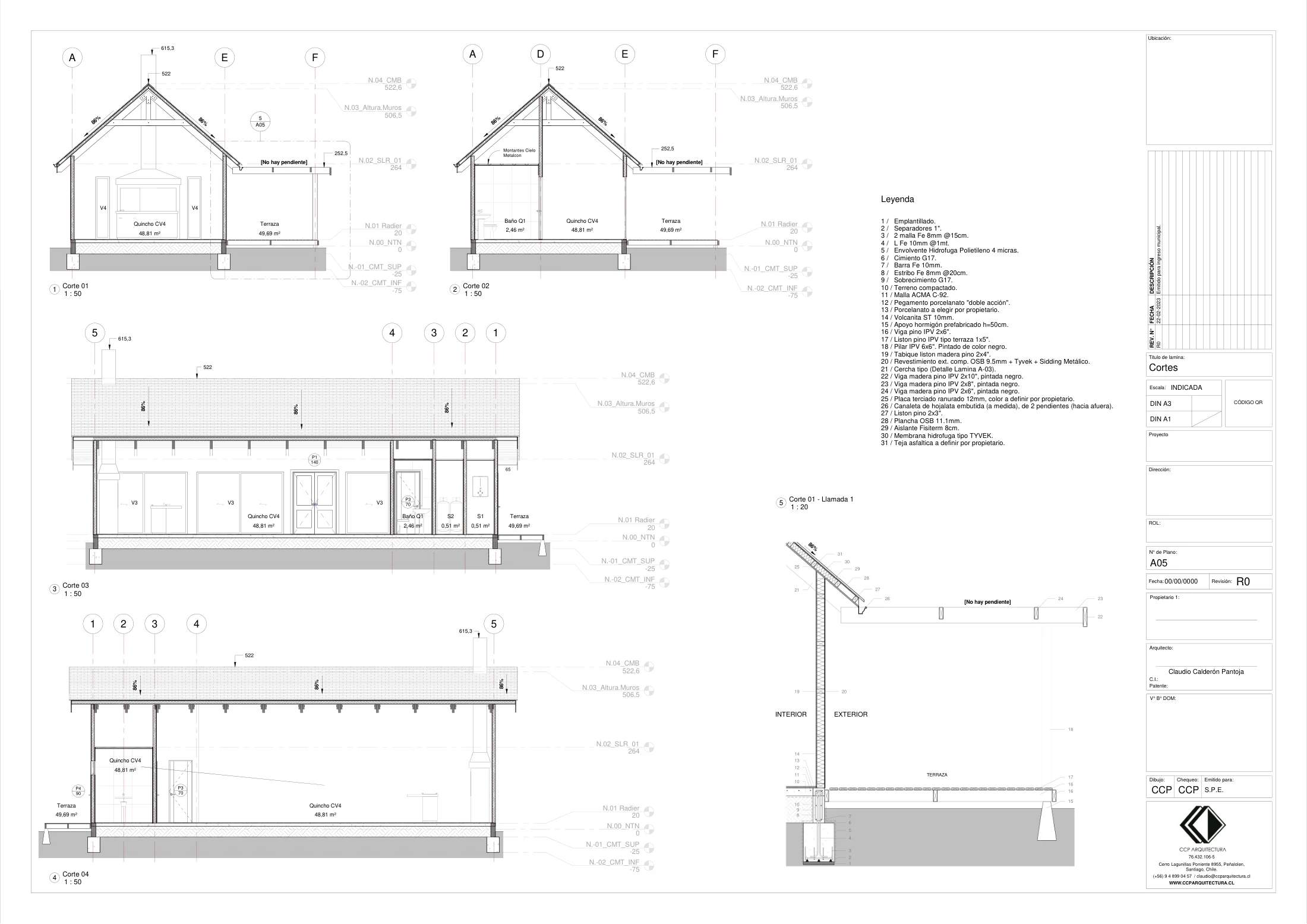 Quincho CV4: cortes, dibujo de proyecto sin cotas de CCP Arquitectura