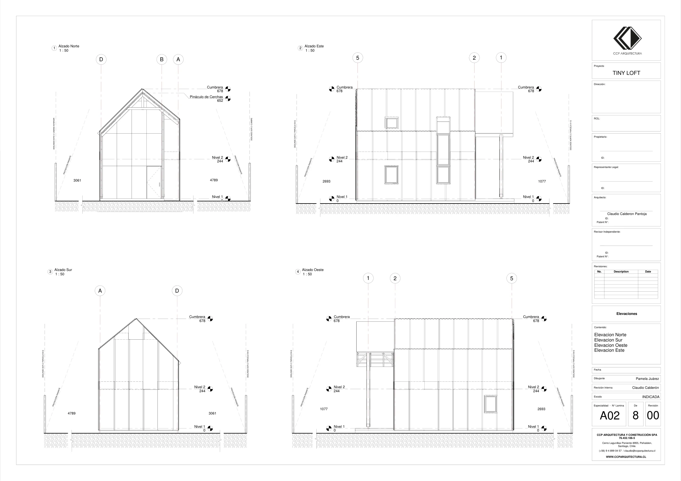 Tiny Home: elevaciones, dibujo de proyecto sin cotas de CCP Arquitectura