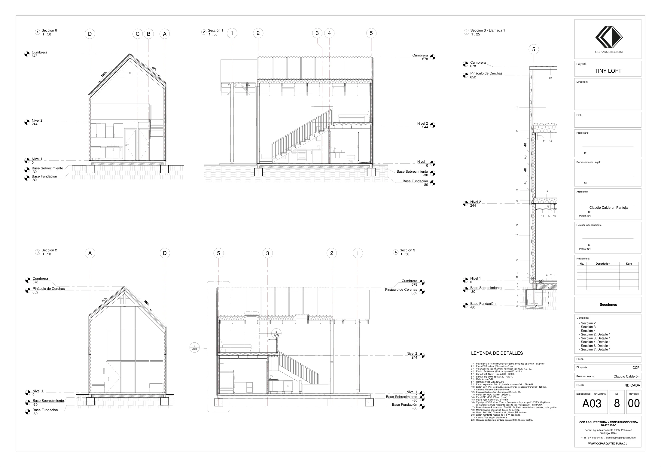 Tiny Home: cortes, dibujo de proyecto sin cotas de CCP Arquitectura