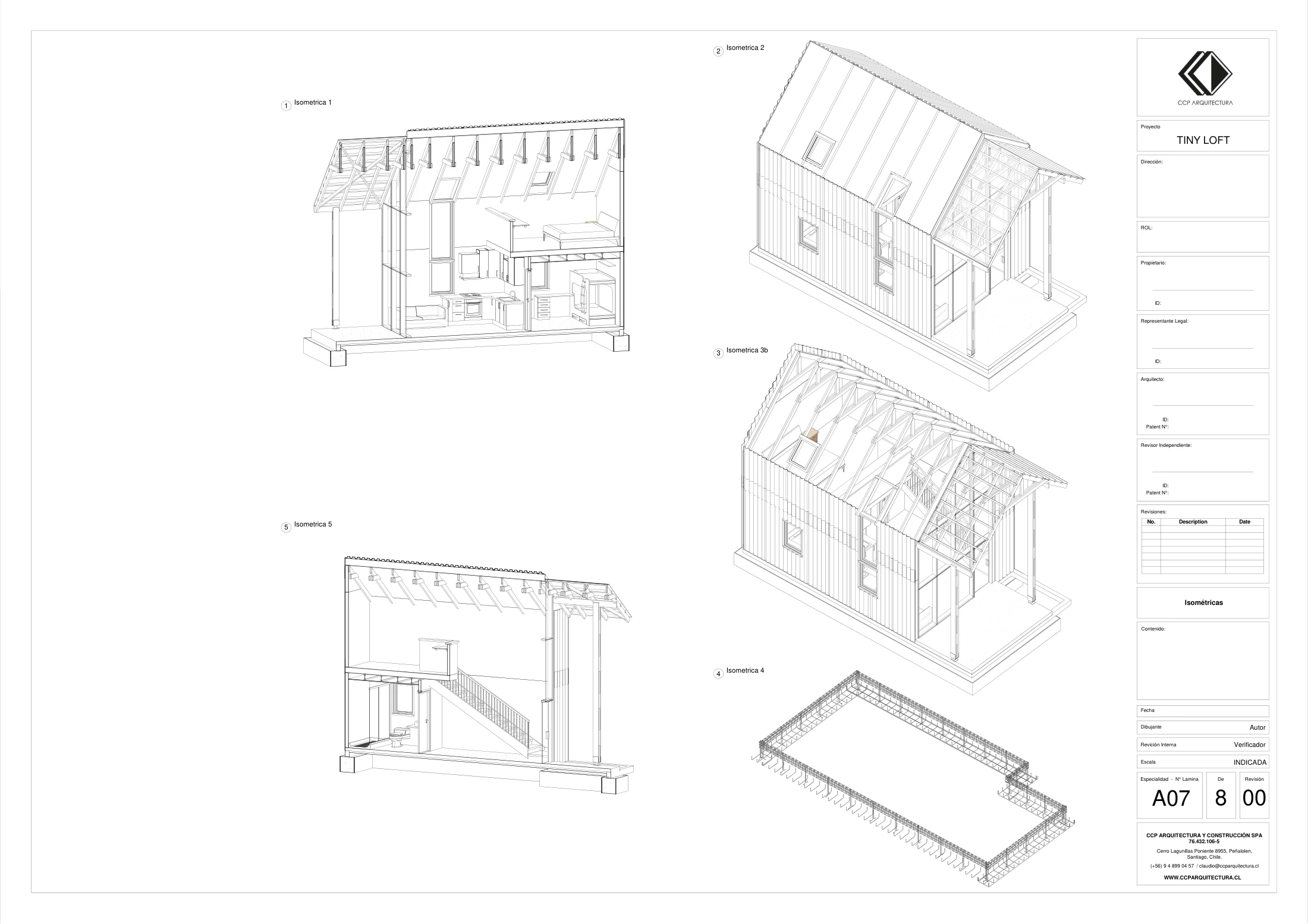 Tiny Home: isométricas, dibujo de proyecto sin cotas de CCP Arquitectura